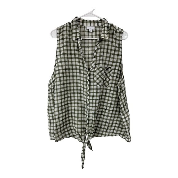 J. Jill Size XL Sleeveless Top Green Gingham Cotton Silk Tie Front Button - Picture 1 of 8